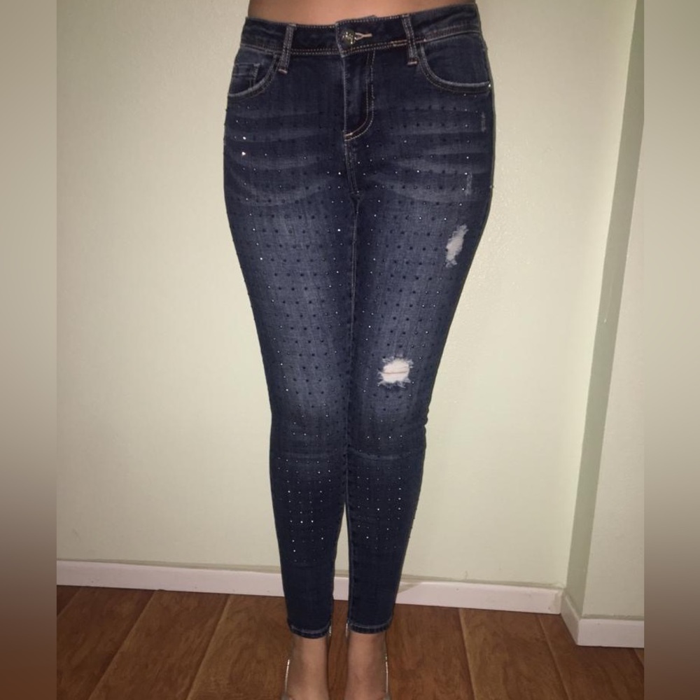 BEBE Women's Dark Blue Skinny Bedazzled Ripped Jeans